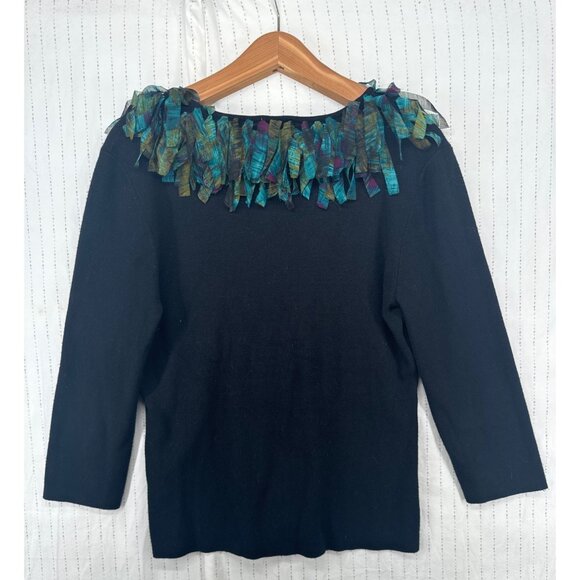 Ruby Rd. Womens Sweater L Teal Fringe V-Neck 3/4-Slv Boho Festival Party Artsy - Picture 2 of 9